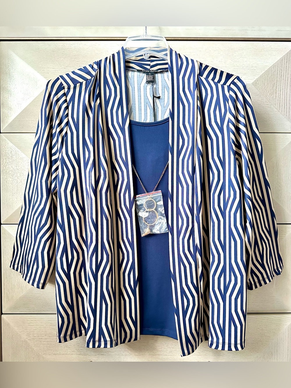 Emily Rose Blue and Cream Geometric Blouse - Size XL